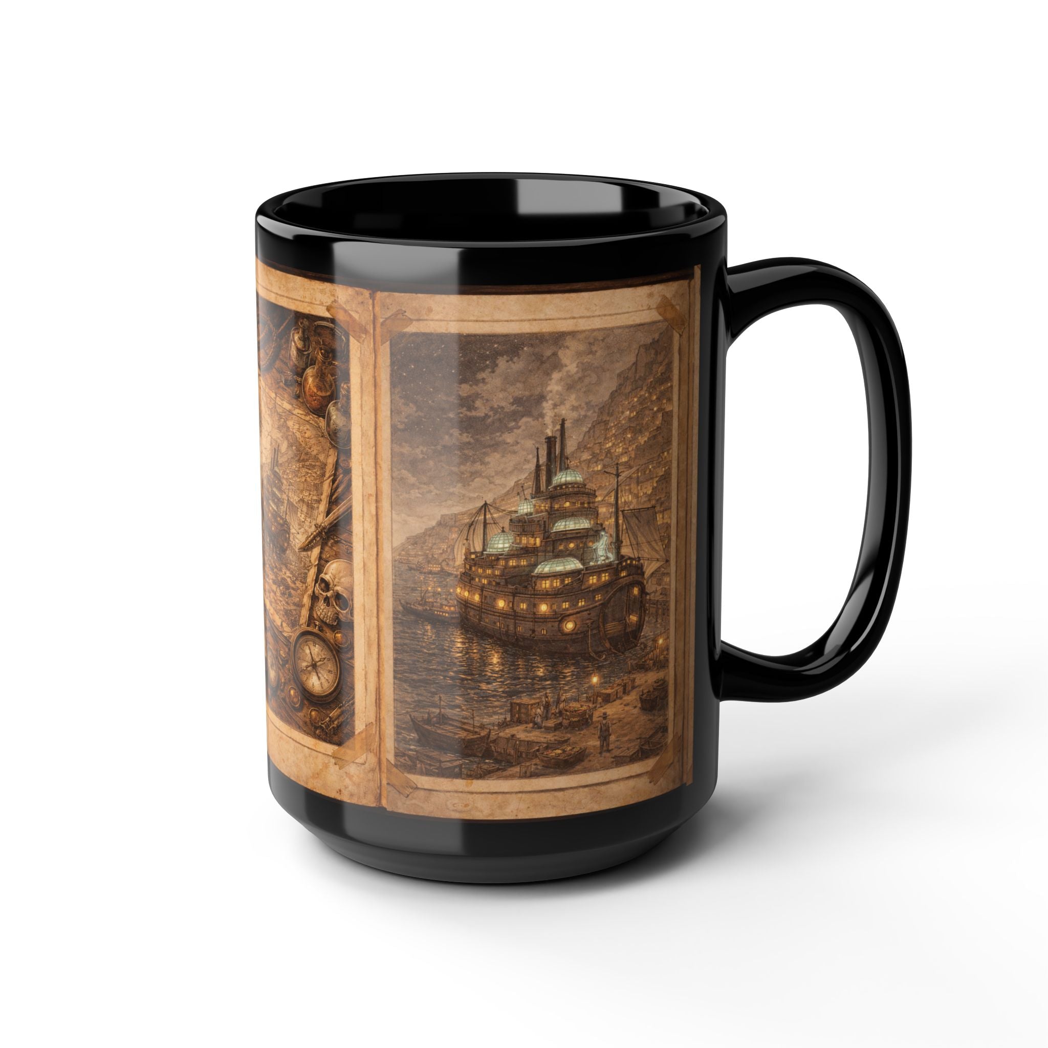 Steampunk Vintage Nautical Map and Ship Mug | Black 15oz Ceramic | MuNdAnE MaGiC Book