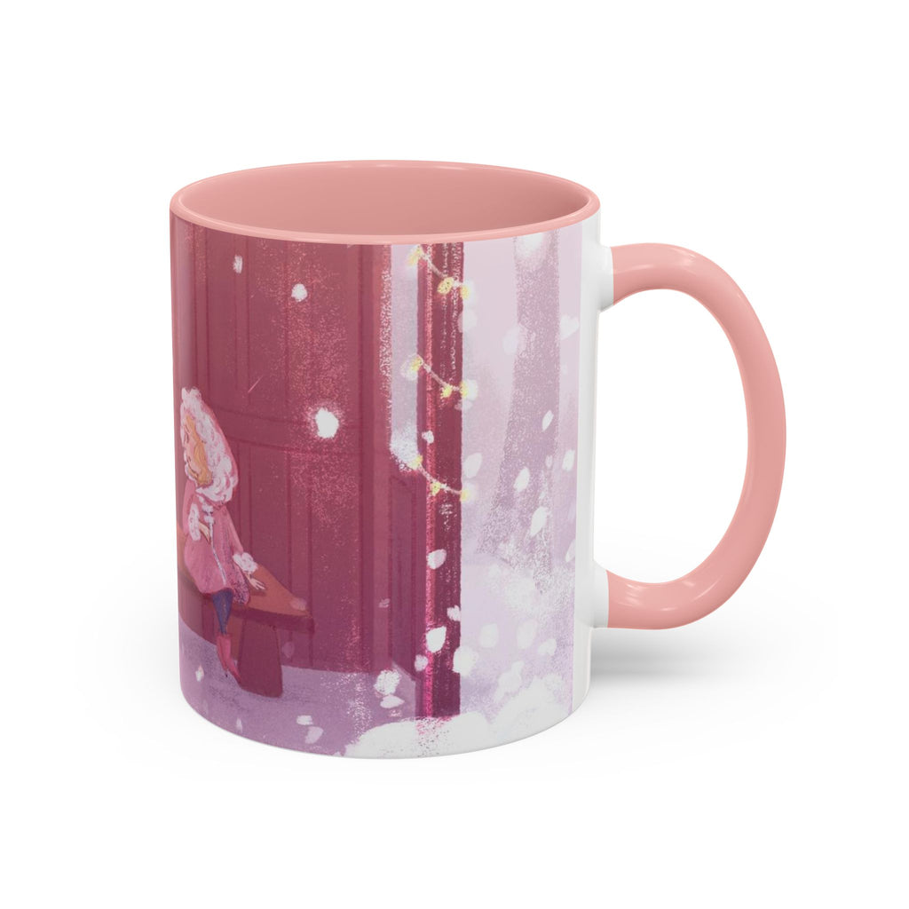 Snowy Pastel Bus Shelter | Kawaii Winter Child and Cat Scene | Accent Pink Coffee Mug | The Walk Back Home