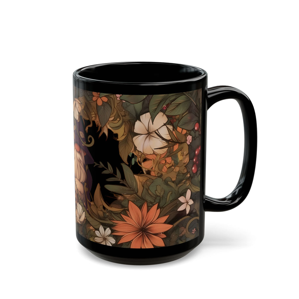 Gnome In The Wild Woodland Black Floral Ceramic Mug | MuNdAnE MaGiC