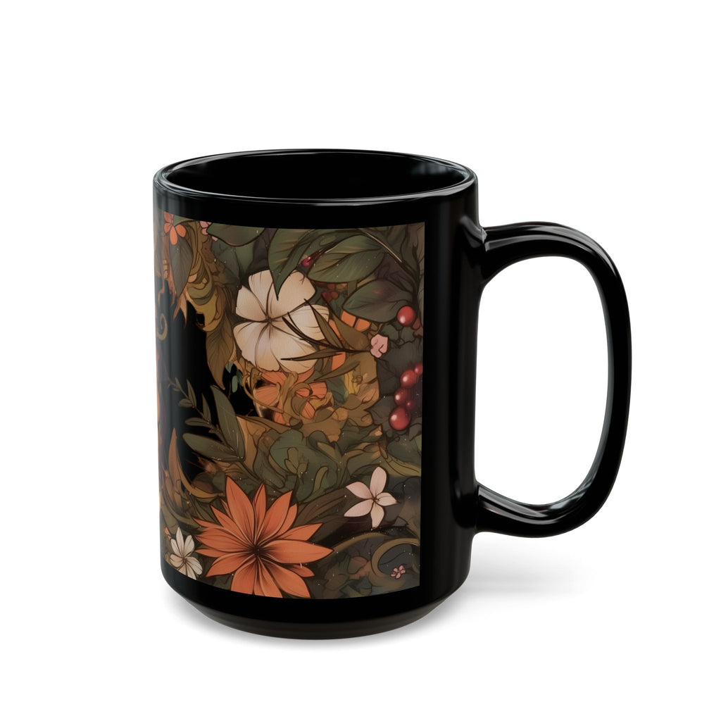 Gnome In The Wild Woodland Black Floral Ceramic Mug | MuNdAnE MaGiC