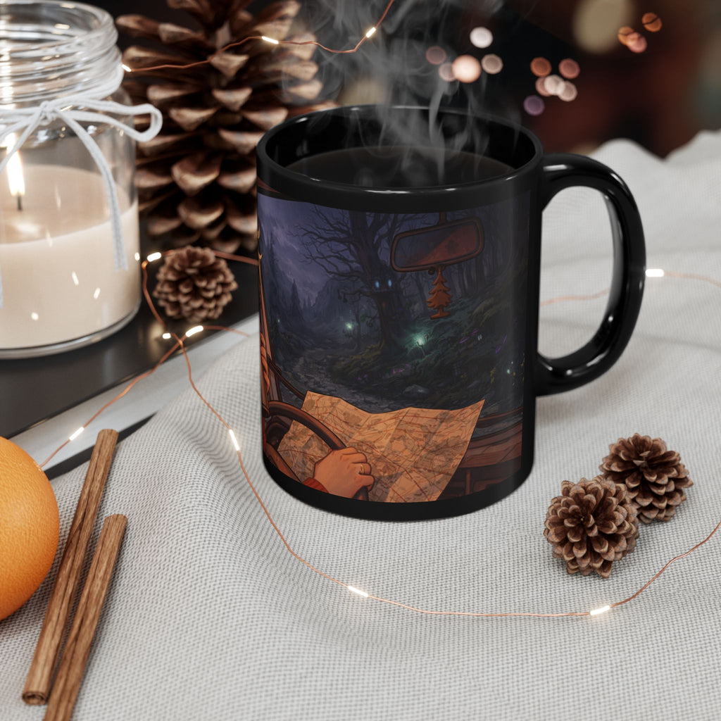 A Hermits Whimsical Fantasy Drive Through The Wilderness | Black Ceramic Roadtrip Coffee Mug | MuNdAnE MaGiC