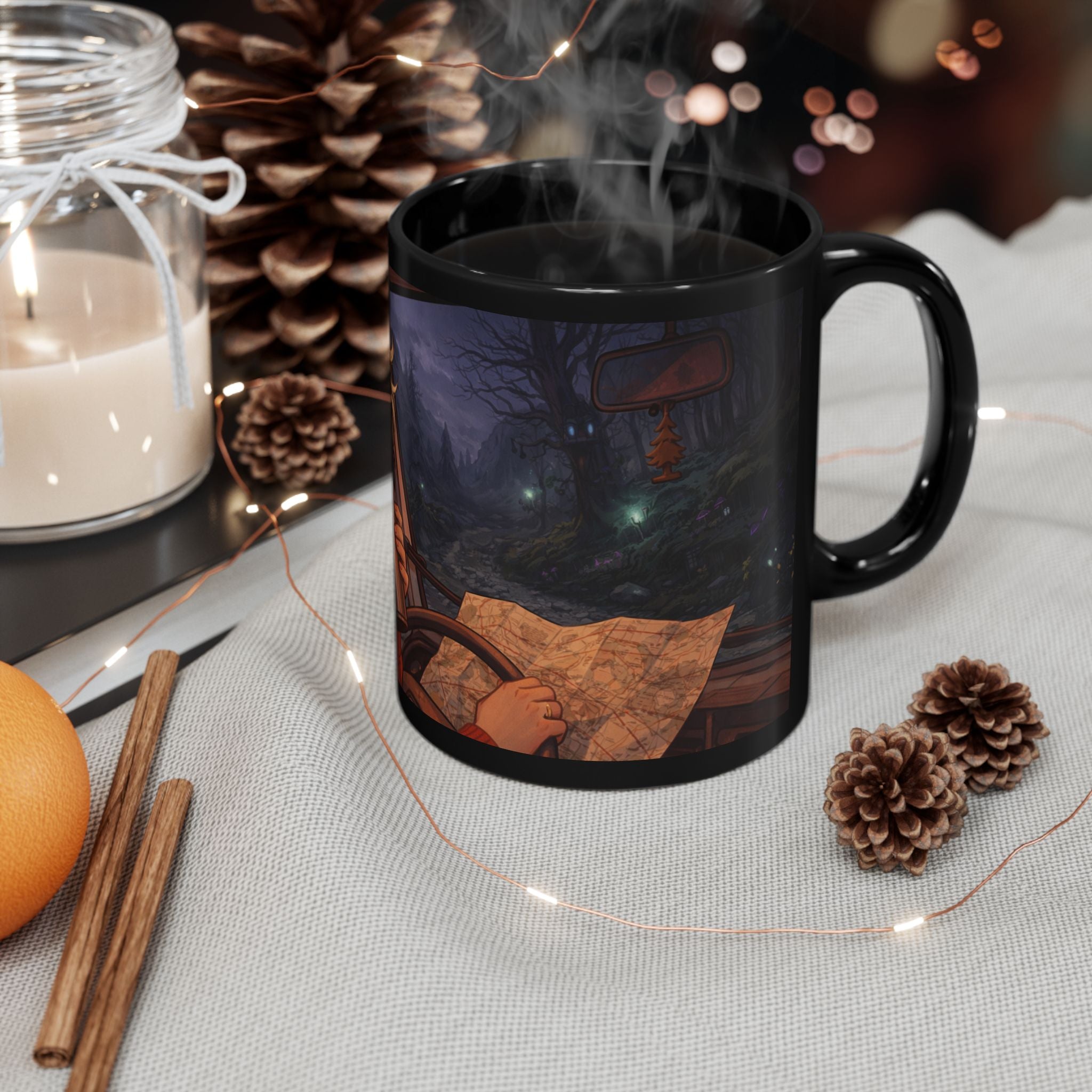 A Hermits Whimsical Fantasy Drive Through The Wilderness | Black Ceramic Roadtrip Coffee Mug | MuNdAnE MaGiC