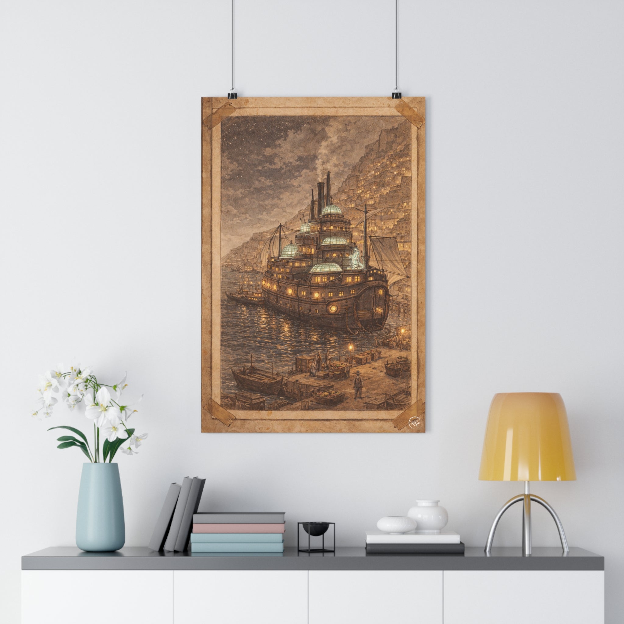 Steampunk Vintage Nautical Fantasy Art Print | Moody Steampunk Aesthetic Harbour Ship Poster | MuNdAnE MaGiC