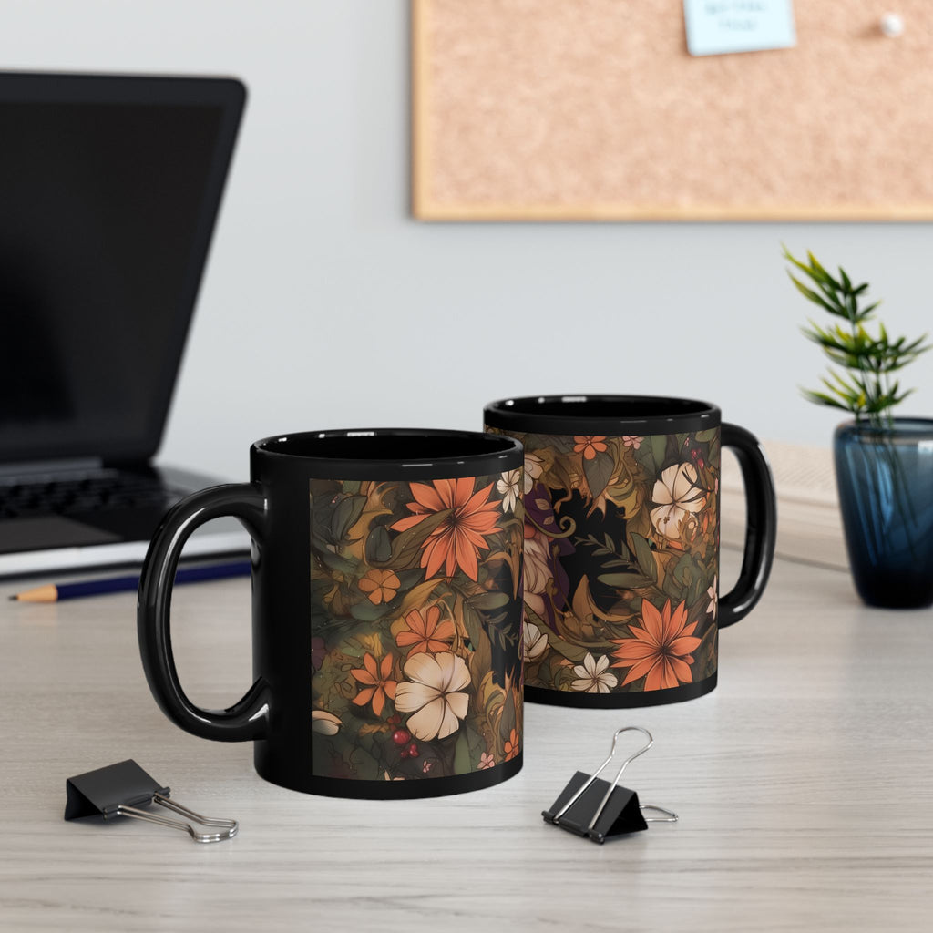 Gnome In The Wild Woodland Black Floral Ceramic Mug | MuNdAnE MaGiC
